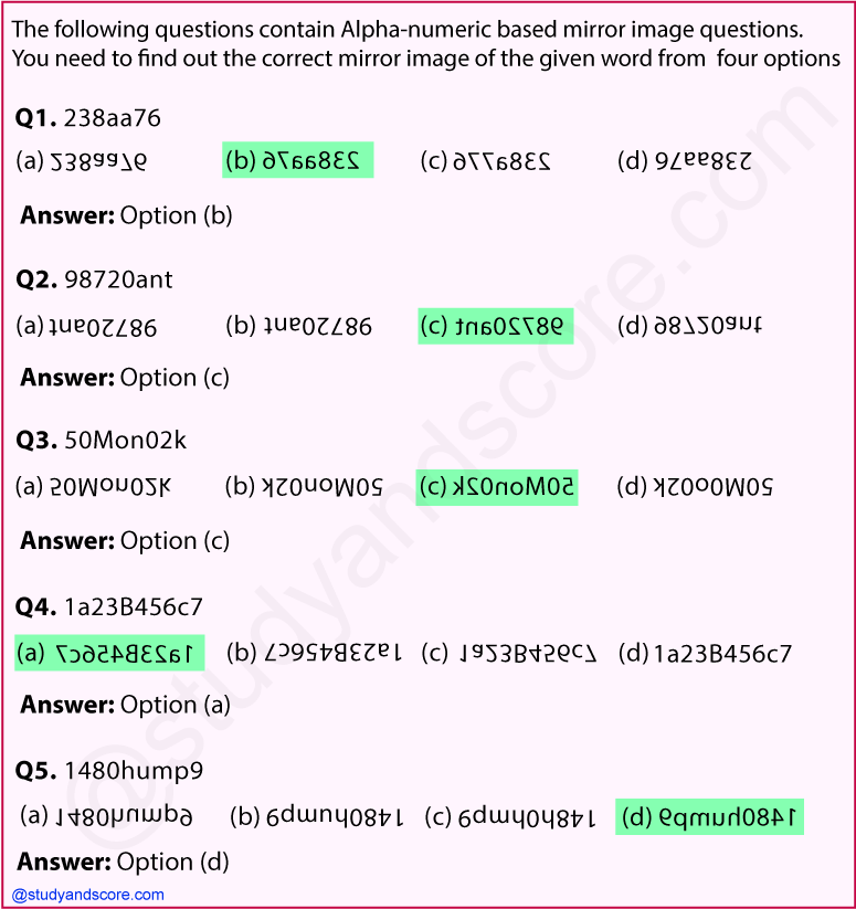 Mirror images, general aptitude, non verbal reasoning, clock based, figure based, alpha numeric, alphabet,number based, mirror reflections, inversion